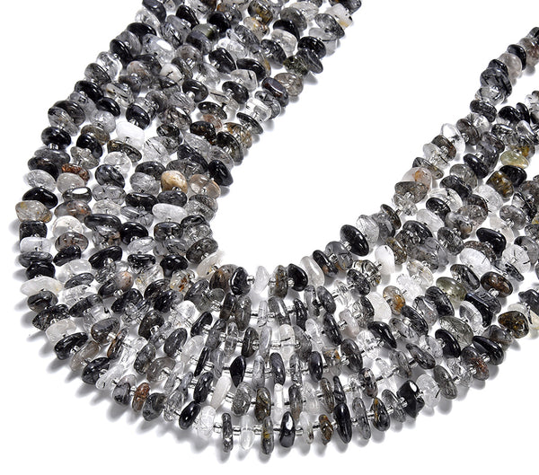 Natural Black Tourmaline Rutilated Quartz Gemstone Pebble Nugget Freeform Rondelle 8-10MM Loose Beads (D558)