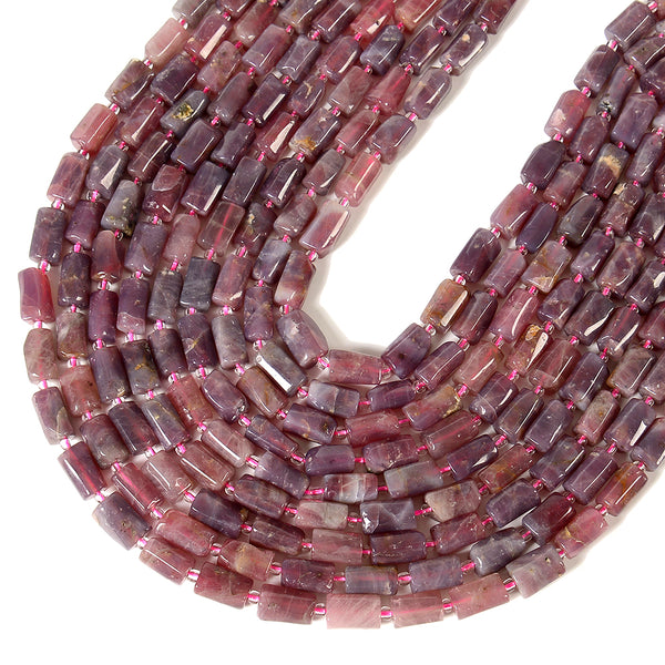 Natural Madagascar Rose Quartz Gemstone Grade AAA Faceted Cylinder Round Tube 12-8MM Loose Beads (D682)