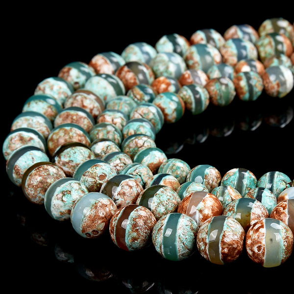 Green Brown Tibetan Dzi Agate Etched Line Ring Mala Antique Boho Beads Gemstone Round 8MM 10MM Loose Beads (D518)