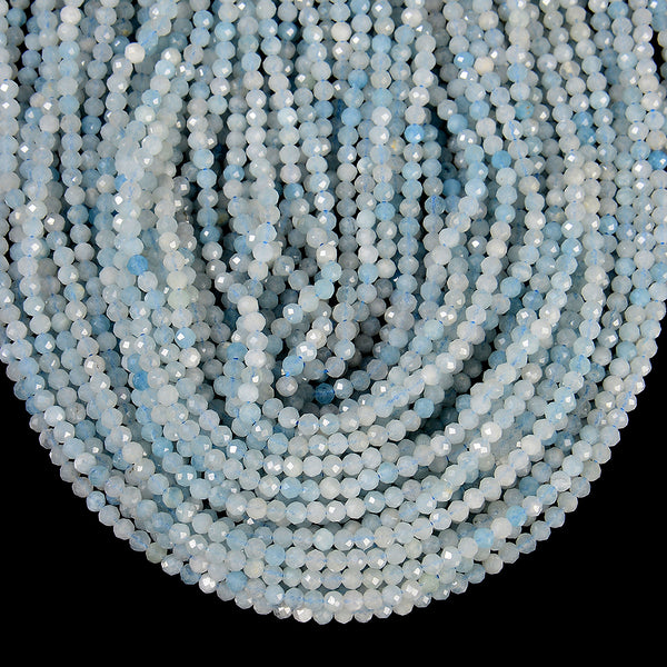 Natural Aquamarine Gemstone Grade AA Micro Faceted Round 3MM Loose Beads 15 inch Full Strand (80020509-P115)