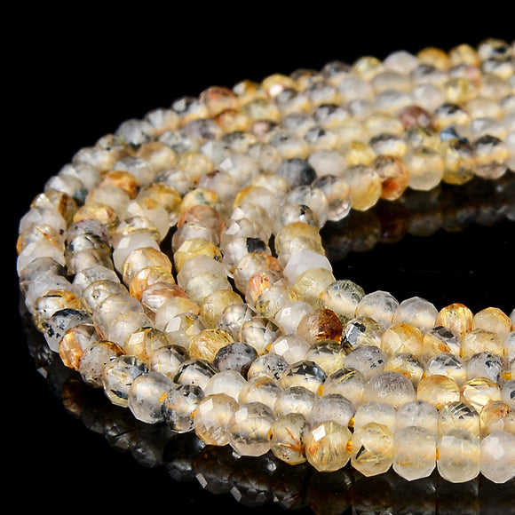 Natural Golden Rutilated Quartz Gemstone Grade AAA Micro Faceted Rondelle 3X2MM Loose Beads (P91)