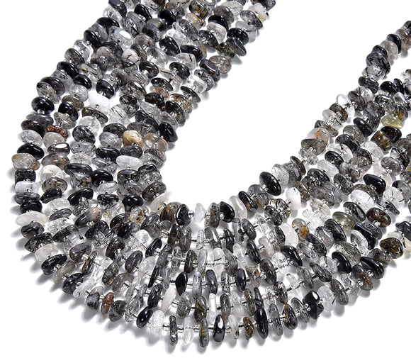 Natural Black Tourmaline Rutilated Quartz Gemstone Pebble Nugget Freeform Rondelle 8-10MM Loose Beads (D558)