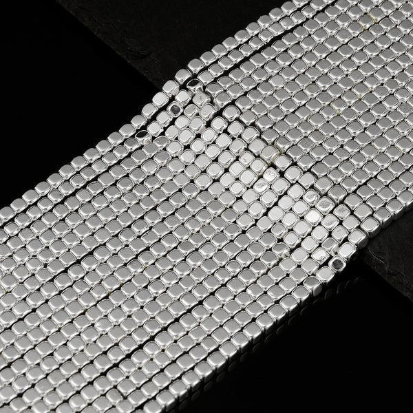 4X4MM Titanium Silver Hematite Gemstone Rounded Cube Loose Beads 15.5 inch Full Strand (80021663-840)