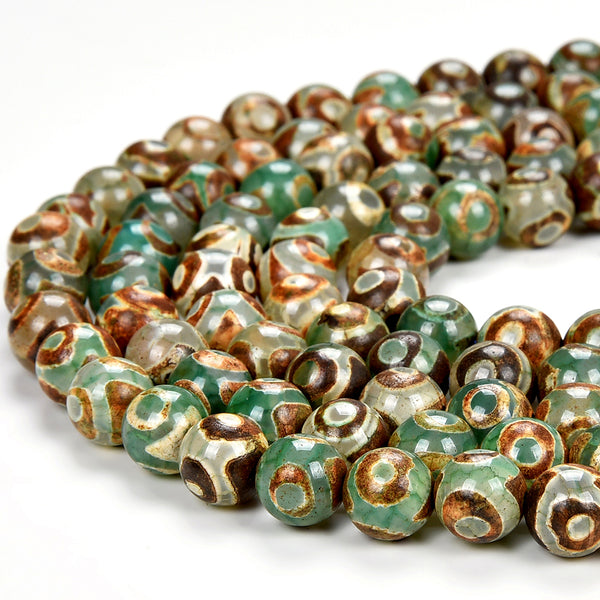Green Tibetan Dzi Agate Etched Eye Mala Antique Boho Beads Gemstone Round 8MM 10MM Loose Beads (D519)