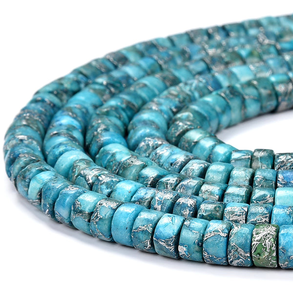 Aqua Blue Silver Inclusion Sea Sediment Imperial Jasper Gemstone Grade AAA Heshi Rondelle 6X3MM Loose Beads (D501)