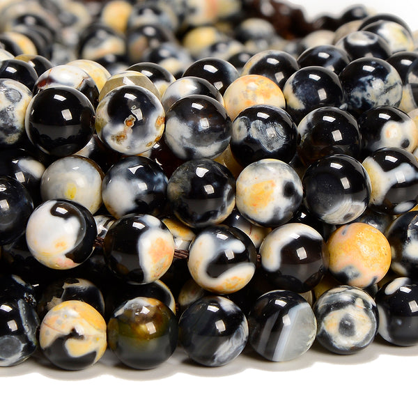 Black Yellow Fire Agate Gemstone Round 6MM 8MM 10MM Loose Beads (D700)