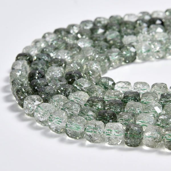 Green Phantom Glass Quartz Gemstone Faceted Diamond Cut Cube 7MM Loose Beads (P116)