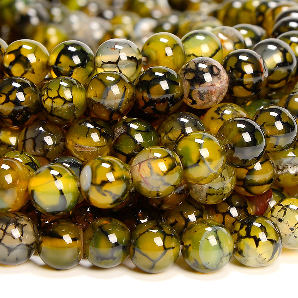 Dark Yellow Fire Dragon Veins Agate Gemstone Round 6MM 8MM 10MM Loose Beads (D698)