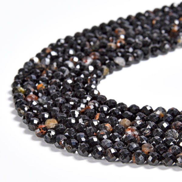 Natural Black Tourmaline Gemstone Micro Faceted Round 3MM4MM Loose Beads 15 inch Full Strand (P114)