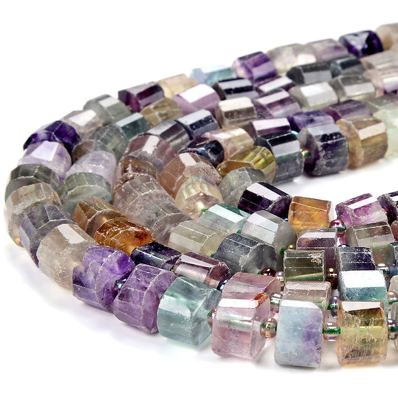Natural Rainbow Fluorite Gemstone 10X6MM Faceted Cylinder Wheel Tube Loose Beads (D416)