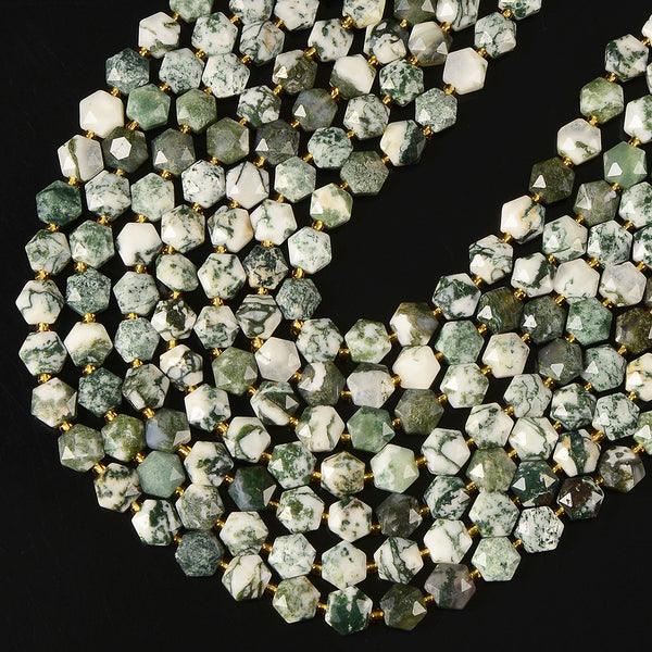 Natural Green Tree Agate Gemstone Micro Faceted Hexagon Star 11MM Loose Beads 7.5 inch Half Strand (80021526-D722)