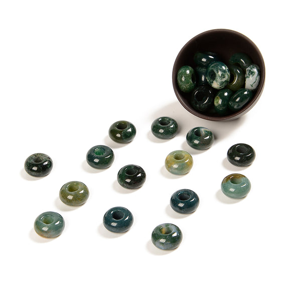 Natural Green Moss Agate Gemstone Large Hole Beads Rondelle Donut 14MM BULK LOT 2,6,12,24,50 Beads (80021190-S63)