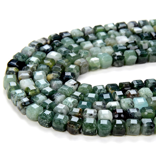4MM Natural Green Moss Agate Gemstone Grade AA Micro Faceted Diamond Cut Cube Loose Beads (P40)
