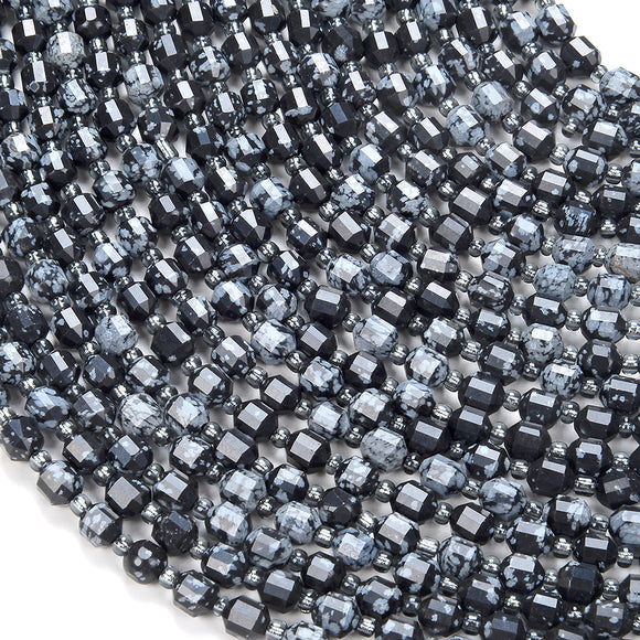 6MM Snowflake Obsidian Gemstone Grade AAA Faceted Prism Double Point Cut Loose Beads (D212)