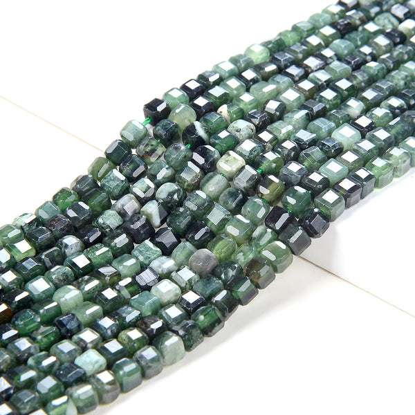 4MM Natural Green Moss Agate Gemstone Grade AAA Micro Faceted Diamond Cut Cube Loose Beads (P41)