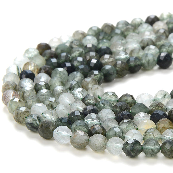 4MM Natural Green Rutilated Quartz Gemstone Grade AA Micro Faceted Round Loose Beads 15 inch Full Strand (80016228-P51)