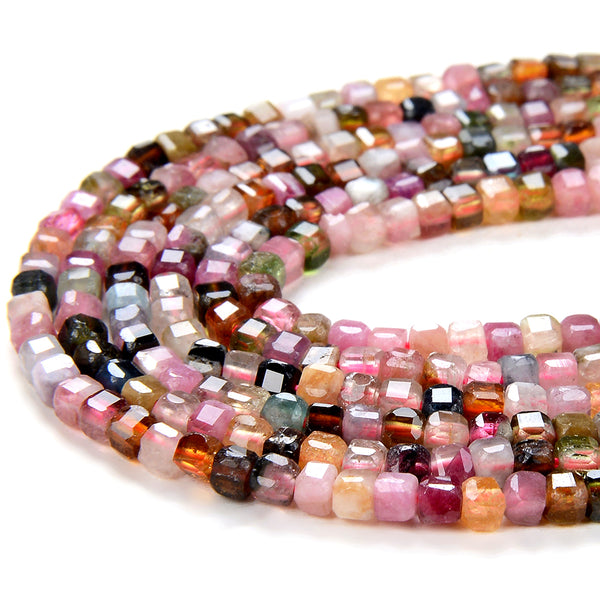 2MM Natural Multi Color Tourmaline Gemstone Grade AAA Micro Faceted Diamond Cut Cube Loose Beads (P39)