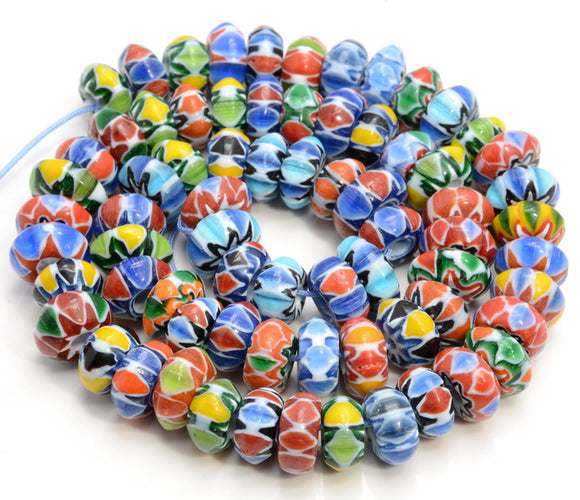 10-12MM Nepal Handmade Glass Rondelle Disk Colorful Glass Chevron 50-53 Beads (80007205-A247)