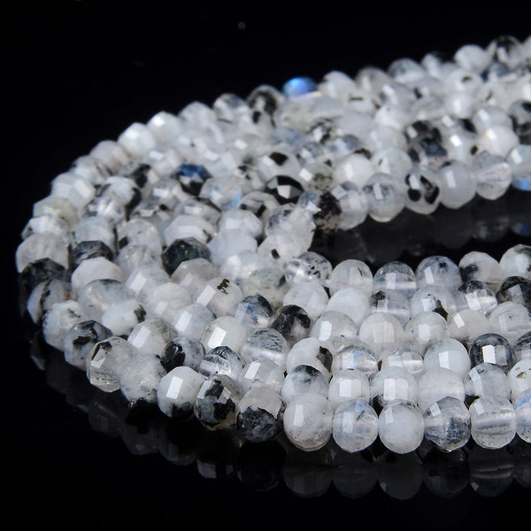 5X4MM Rainbow Moonstone With Black Tourmaline Inclusions Gemstone Faceted Lantern Loose Beads 15 inch Full Strand (80009130-P14)