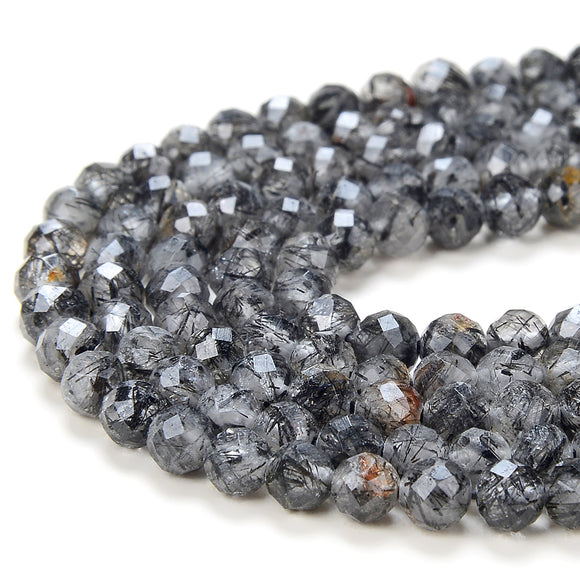 4MM Natural Black Rutilated Quartz Gemstone Grade AAA Micro Faceted Round Loose Beads 15 inch Full Strand (80016240-P51)