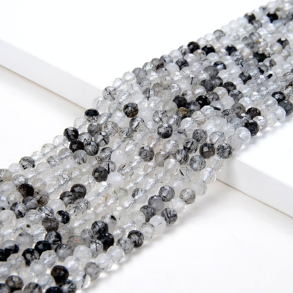 4MM Natural Black Rutilated Quartz Gemstone Grade AAA Micro Faceted Round Loose Beads 15 inch Full Strand (80009428-P32)