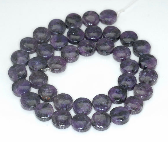 10mm Dark Purple Lepidolite Gemstone Grade A Flat Round Button Loose Beads 16 inch Full Strand (90188408-655)