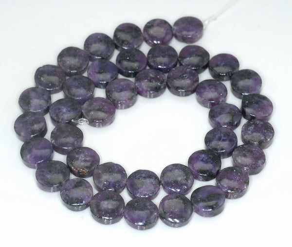 10mm Dark Purple Lepidolite Gemstone Grade A Flat Round Button Loose Beads 16 inch Full Strand (90188408-655)
