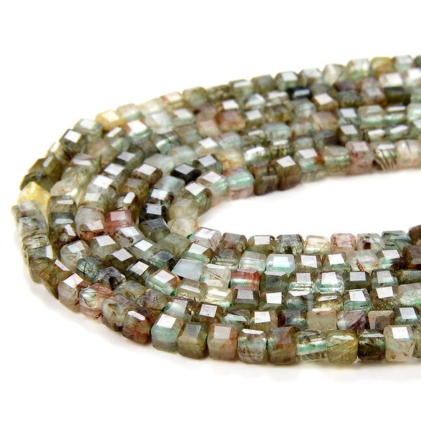 2MM Natural Green Red Rutilated Quartz Gemstone Grade AA Micro Faceted Diamond Cut Cube Loose Beads (P42)