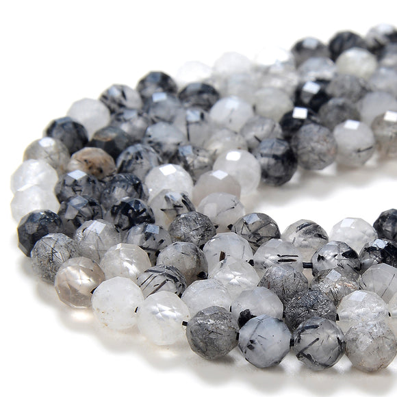 Natural Black Rutilated Quartz Gemstone Grade AA Micro Faceted Round 4MM 5MM Loose Beads 15 inch Full Strand (P55)