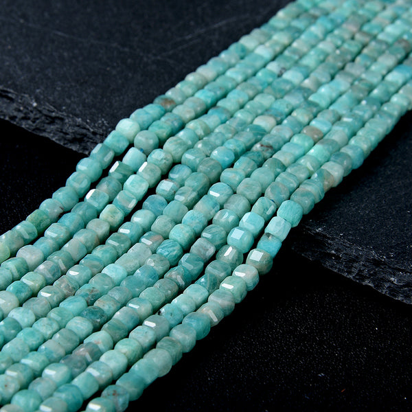 4MM Natural Peruvian Amazonite Gemstone Grade AA Micro Faceted Diamond Cut Cube Loose Beads (P40)