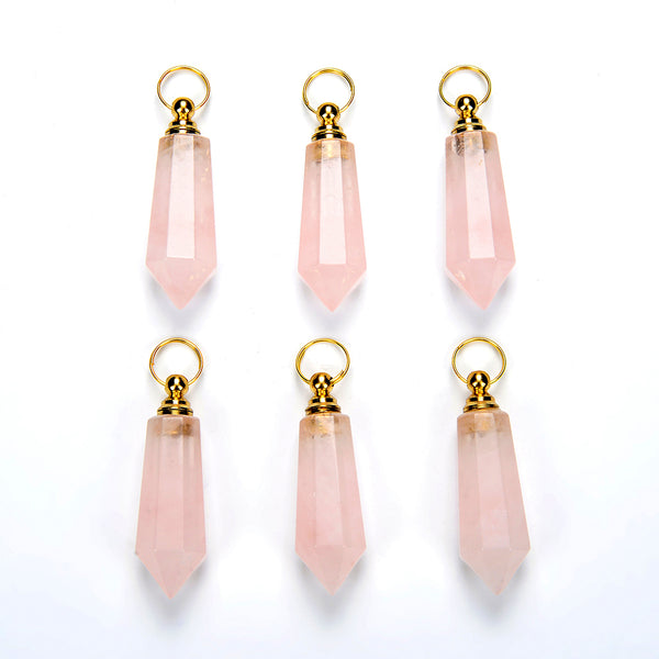 49X15MM Natural Rose Quartz Gemstone Perfume Bottle Pendant Faceted Point, Essential Oil Bottle Beads 1 Bead (80017245-P71)