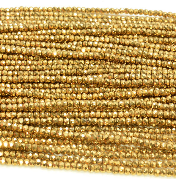 3x2mm Gold Hematite Gemstone Micro Faceted Rondelle Loose Beads 15.5 inch Full Strand (80007528-A263)