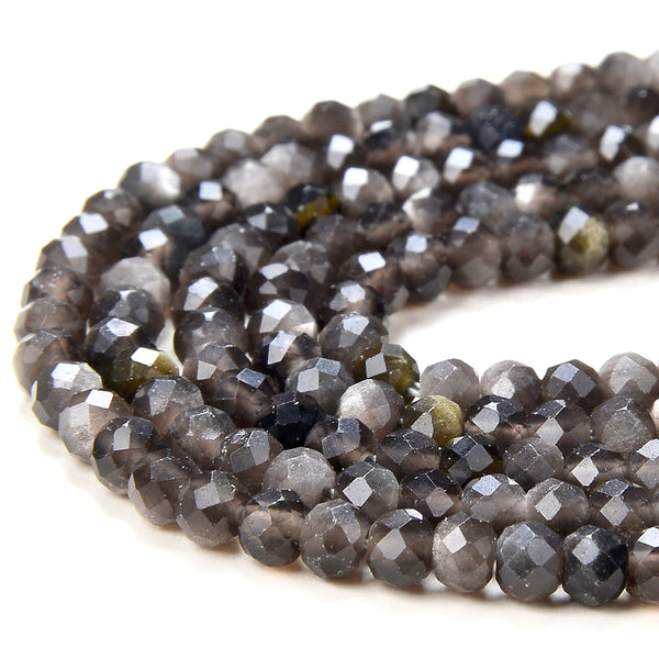 4X3MM Natural Silver Obsidian Gemstone Grade AAA Micro Faceted Rondelle Loose Beads 15 inch Full Strand (80016402-P62)