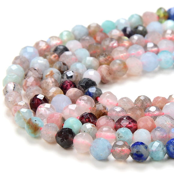 3-4MM Natural Multi Color Mix Stones Gemstone Grade Micro Faceted Round Loose Beads 15 inch Full Strand (80016318-P56)