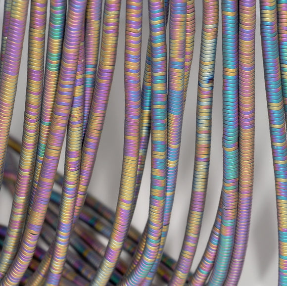 4X1MM Matte Rainbow Hematite Gemstone Heishi Wave Rondelle Slice Loose Beads 16 inch Full Strand (80000031-A36)