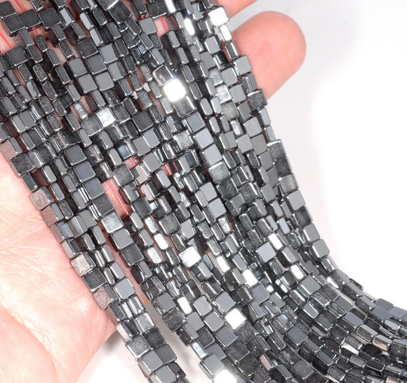 4X4MM Black Hematite Gemstone Square Flat Loose Beads 16 inch Full Strand (80000048-A37)