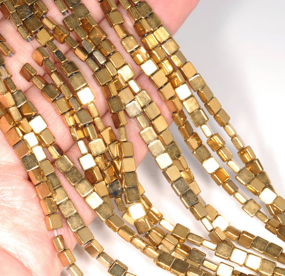 4X4MM Gold Hematite Gemstone Square Loose Beads 16 inch Full Strand (80000049-A37)