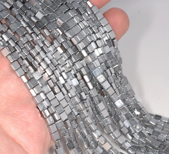 4X4MM Silver Hematite Gemstone Square Loose Beads 16 inch Full Strand (80000050-A37)