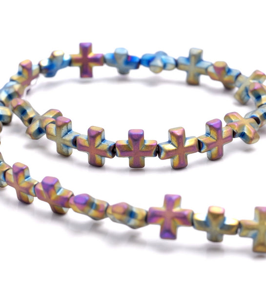 8MM Matte Rainbow Hematite Gemstone Cross Loose Beads 15.5 inch Full Strand (80000087-A38)