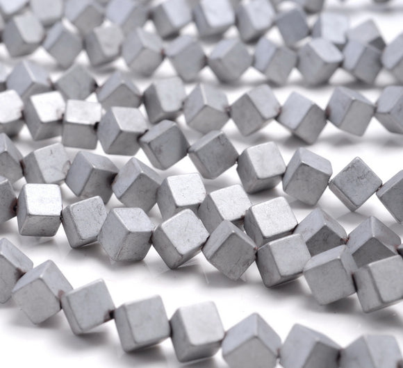 4MM Matte Silver Hematite Gemstone Diagonal Drill;Square Cube Loose Beads 15.5 inch Full Strand (80000196-A43)