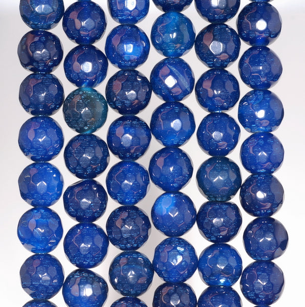 8MM Dark Blue Agate Gemstone Faceted Round Loose Beads 14.5 inch Full Strand (80002811-A54)