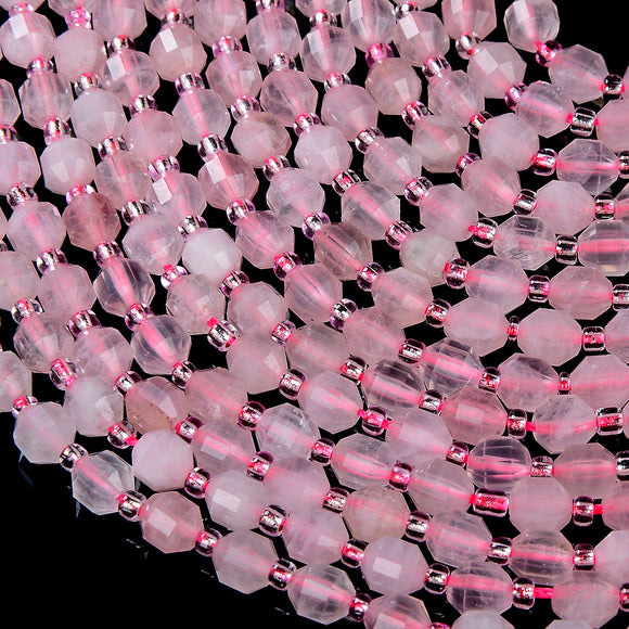 6MM Madagascar Rose Quartz Gemstone Grade AAA Faceted Prism Double Point Cut Loose Beads (D213)
