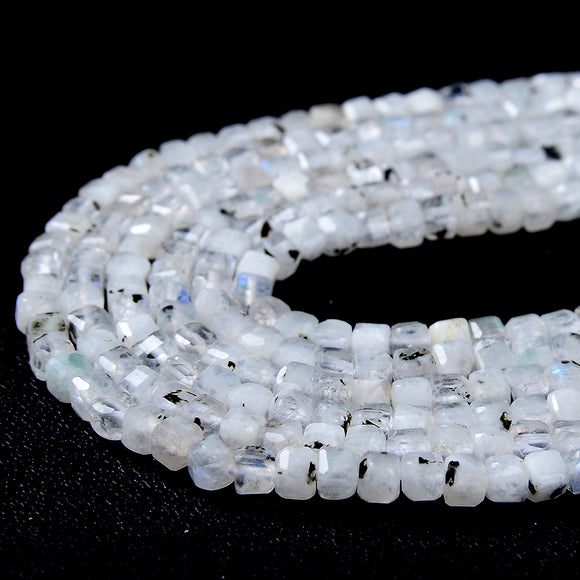 3MM Natural Rainbow Moonstone Gemstone Grade AA Micro Faceted Diamond Cut Cube Loose Beads (P43)