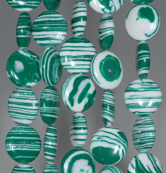 14MM Green White Matrix Turquoise Gemstone Flat Round Circle Loose Beads 7.5 inch Half Strand (90183194-A147)