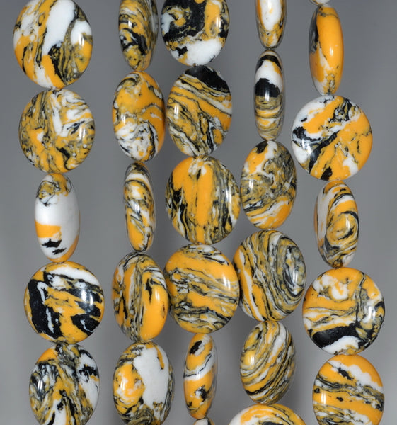 14MM Yellow Black Matrix Turquoise Gemstone Flat Round Circle Loose Beads 15.5 inch Full Strand (90183211-A148)