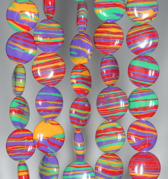 12MM Rainbow Matrix Turquoise Gemstone Flat Round Circle Loose Beads 15.5 inch Full Strand (90183328-A154)