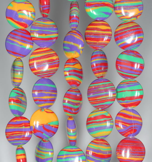 13MM Rainbow Matrix Turquoise Gemstone Flat Round Circle Loose Beads 8 inch Half Strand (90183331-A154)