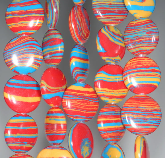15MM Rainbow Matrix Turquoise Gemstone Flat Round Circle Loose Beads 7.5 inch Half Strand (90183333-A154)