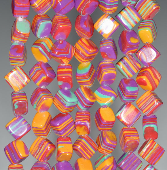 9MM Rainbow Matrix Turquoise Gemstone Square Cube Diagonal Loose Beads 7.5 inch Half Strand (90183335-A154)