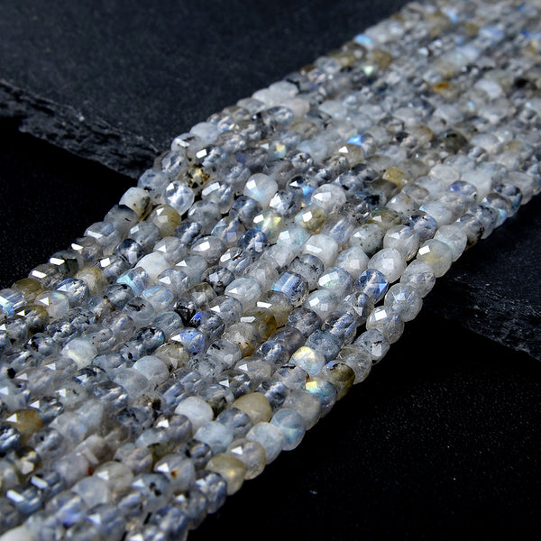 4MM Natural Labradorite Gemstone Grade A Micro Faceted Diamond Cut Cube Loose Beads (P41)